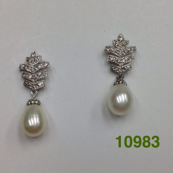 SILVER FRESHWATER PEARL PAVE LEAF DANGLE POST EARRINGS