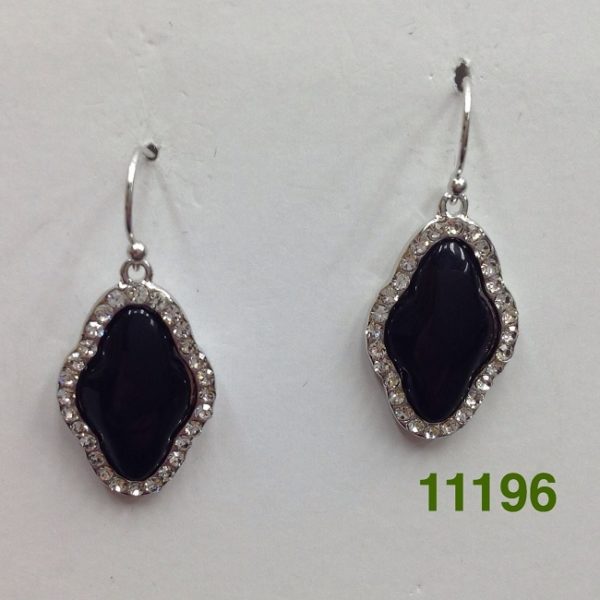KS SILVER ONYX LARGE CRYSTAL CLOVER WIRE EARRINGS