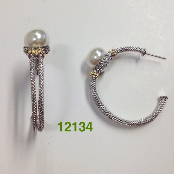 TWO TONE PEARL AND DOTS 3/4 HOOP POST EARRINGS