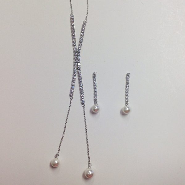17+2" SILVER DOUBLE BARS CZ AND PEARL DROP NECKLACE