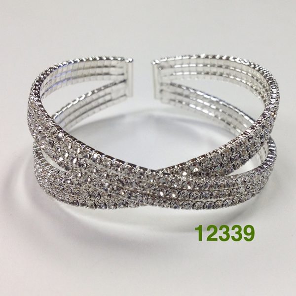 SILVER 3 ROW CRYSTAL CROSSOVER WIRE CUFF BRACELET