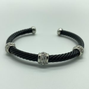 Black Cable Cuff with Triple Scattered Silver Pave Bar 1582