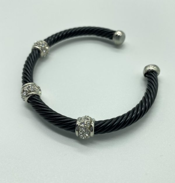 Black Cable Cuff with Triple Scattered Silver Pave Bar 1582 alt