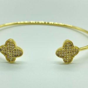 Gold Bangle with 2 Pave Clover 13076