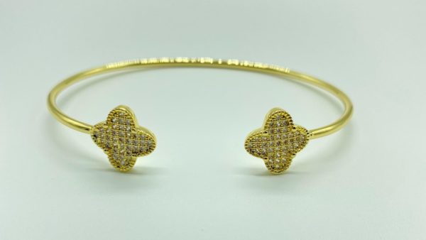 Gold Bangle with 2 Pave Clover 13076
