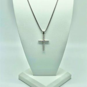 Two Tone Cable Cross with Center CZ Necklace 13220