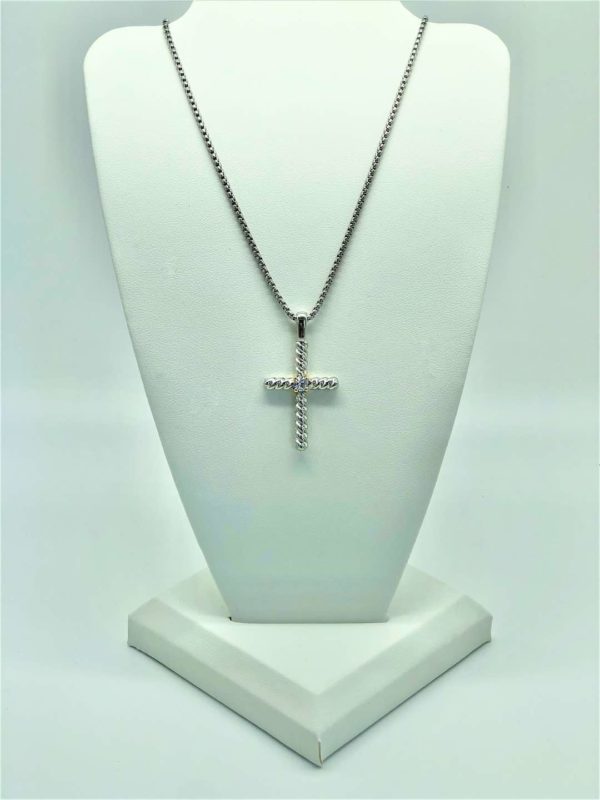 Two Tone Cable Cross with Center CZ Necklace 13220