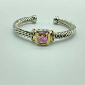 Two Tone Cable Cuff with Center Square Pink Stone 1493